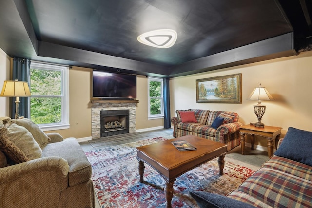 230 Temple Crest Trl, Franklin, TN 37069 - living area with a raised ceiling, baseboards, and a fireplace