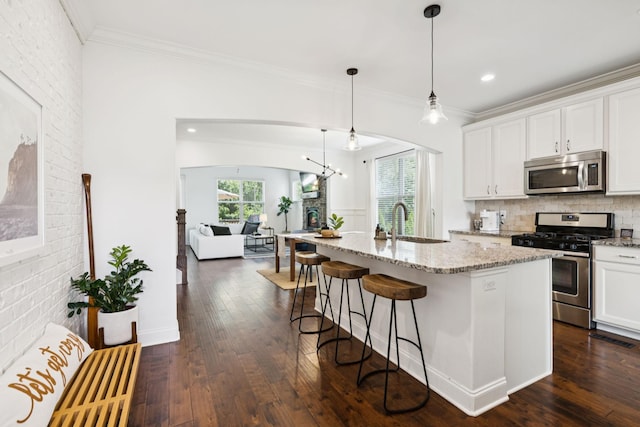 1074 Cantwell Pl, Spring Hill, TN 37174 - kitchen with appliances with stainless steel finishes, a sink, dark wood-type flooring, light stone counters, and ornamental molding