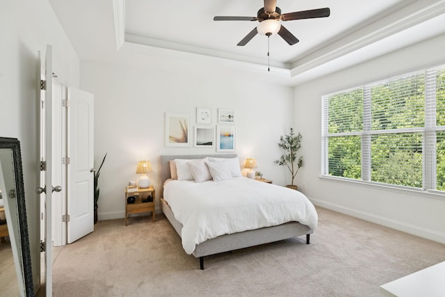 1074 Cantwell Pl, Spring Hill, TN 37174 - bedroom featuring a tray ceiling, light colored carpet, baseboards, and ceiling fan
