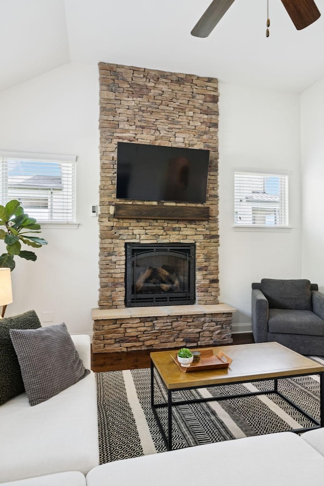 1074 Cantwell Pl, Spring Hill, TN 37174 - living area featuring ceiling fan, a fireplace, vaulted ceiling, and wood finished floors