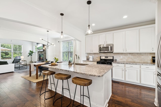 1074 Cantwell Pl, Spring Hill, TN 37174 - kitchen featuring stainless steel appliances, a sink, crown molding, a fireplace, and dark wood finished floors