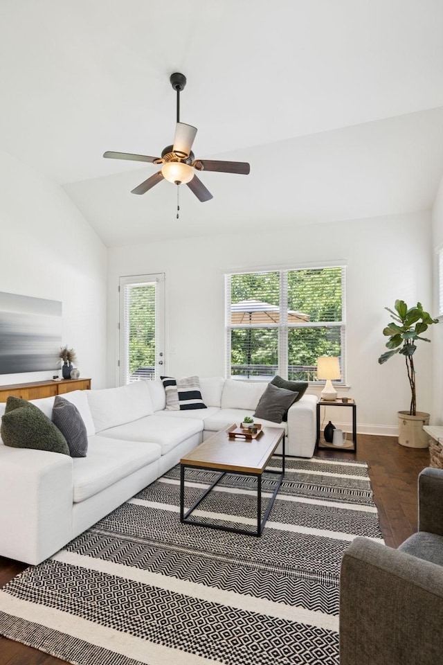 1074 Cantwell Pl, Spring Hill, TN 37174 - living area with wood finished floors, lofted ceiling, a ceiling fan, and baseboards