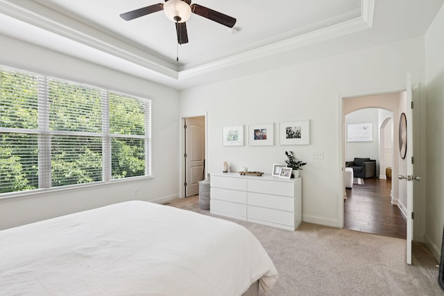 1074 Cantwell Pl, Spring Hill, TN 37174 - bedroom featuring arched walkways, light carpet, a tray ceiling, baseboards, and crown molding