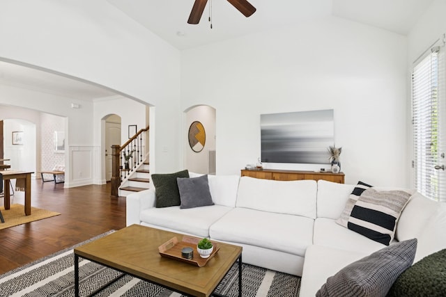 1074 Cantwell Pl, Spring Hill, TN 37174 - living room with arched walkways, ceiling fan, wood finished floors, and vaulted ceiling