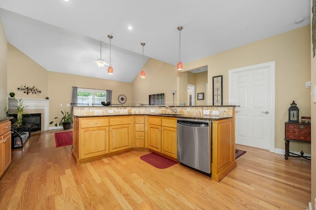 2342 N Tennessee Blvd Unit 601, Murfreesboro, TN 37130 - kitchen featuring stainless steel dishwasher, ceiling fan, light wood finished floors, open floor plan, and a sink