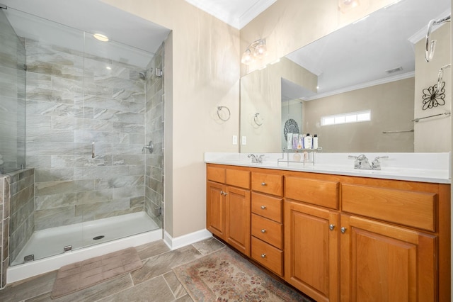 2342 N Tennessee Blvd Unit 601, Murfreesboro, TN 37130 - bathroom with ornamental molding, double vanity, a shower stall, and baseboards