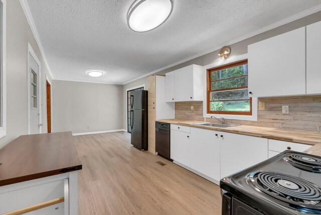 5595 Denmark Rd, Erin, TN 37061 - kitchen featuring black appliances, a textured ceiling, a sink, light wood-style floors, and wood counters