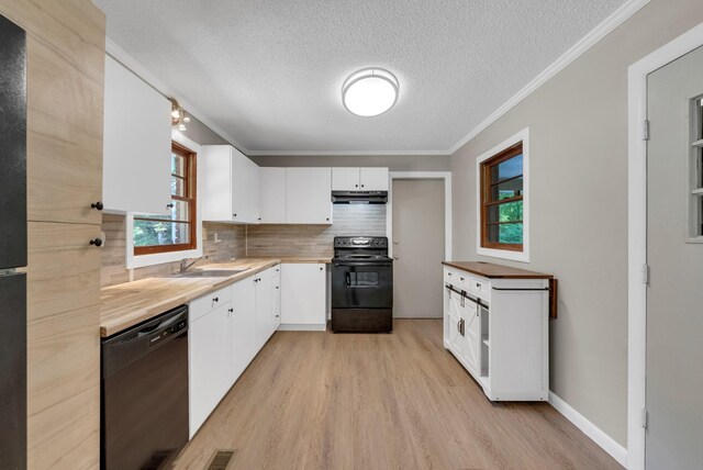 5595 Denmark Rd, Erin, TN 37061 - kitchen featuring black appliances, under cabinet range hood, light wood-style floors, a sink, and white cabinets