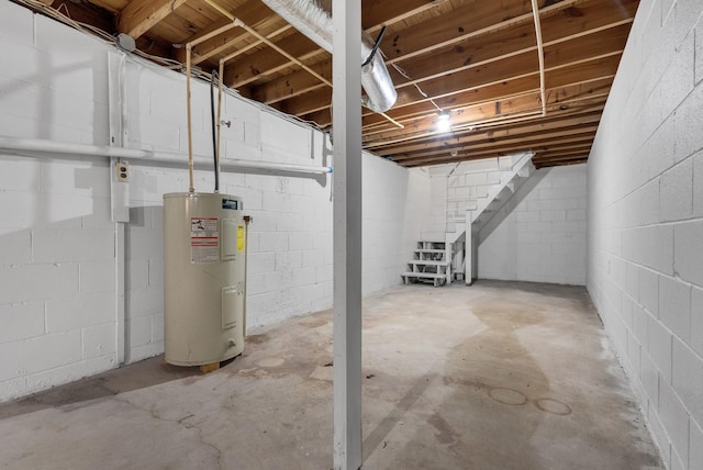 5595 Denmark Rd, Erin, TN 37061 - unfinished basement featuring water heater, stairs, and concrete block wall