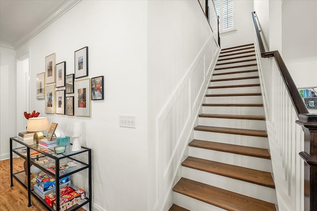 3205 Vinemont Dr, Thompsons Station, TN 37179 - stairs with crown molding, wood finished floors, and baseboards