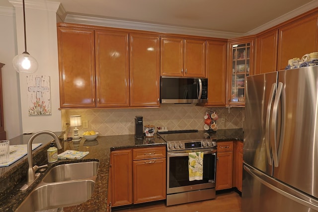 307 Seven Springs Way Unit 304, Brentwood, TN 37027 - kitchen with stainless steel appliances, a sink, glass insert cabinets, and dark stone countertops