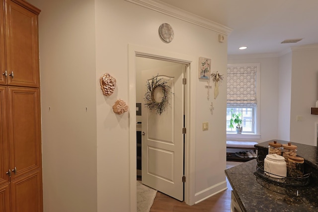 307 Seven Springs Way Unit 304, Brentwood, TN 37027 - hallway with wood finished floors, crown molding, recessed lighting, and baseboards