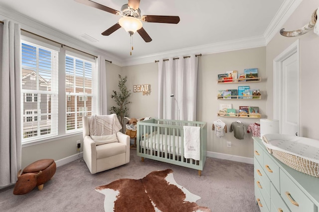 104 Burkitt Commons Ave, Nolensville, TN 37135 - bedroom with light carpet, baseboards, ornamental molding, a crib, and a ceiling fan