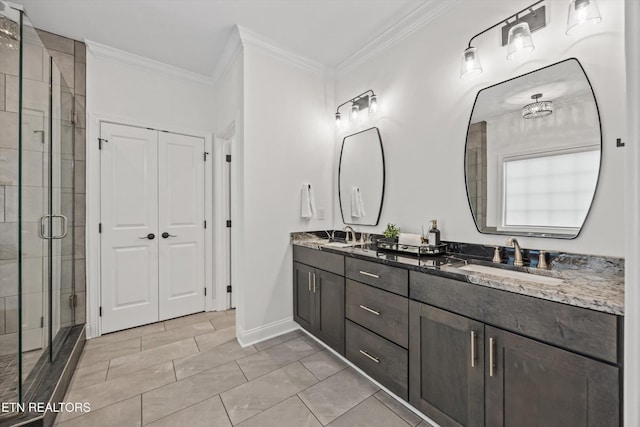 9327 Paradise Valley Ln, Knoxville, TN 37922 - bathroom featuring double vanity, a shower stall, and ornamental molding