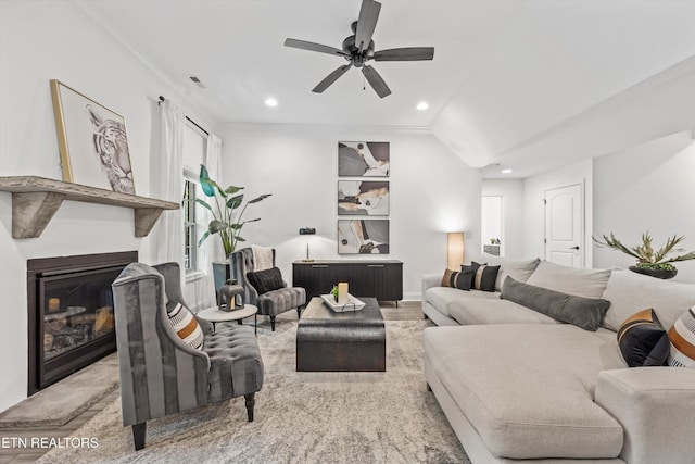 9327 Paradise Valley Ln, Knoxville, TN 37922 - living area featuring a ceiling fan, a glass covered fireplace, and recessed lighting