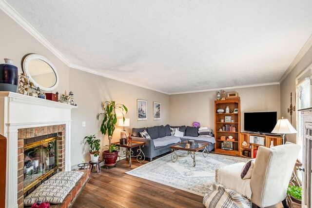213 Cedarwood Ln, Madison, TN 37115 - living room with a brick fireplace, wood finished floors, and crown molding