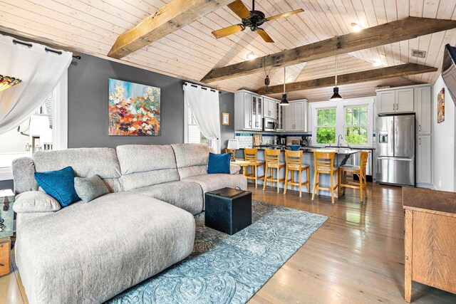 1400 Linden Ave, Nashville, TN 37212 - living area featuring wooden ceiling, a ceiling fan, and hardwood / wood-style flooring