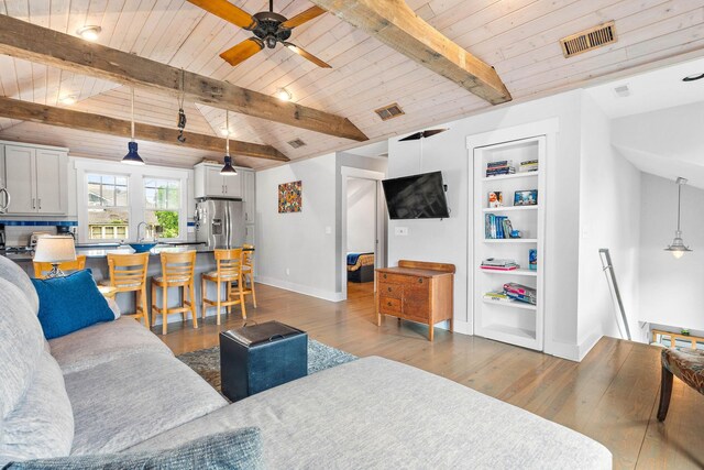 1400 Linden Ave, Nashville, TN 37212 - living area featuring wooden ceiling, wood finished floors, baseboards, built in features, and ceiling fan