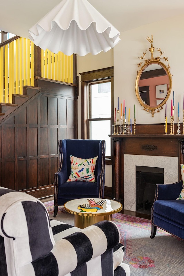 1400 Linden Ave, Nashville, TN 37212 - living area with a fireplace with flush hearth, wood finished floors, and stairway