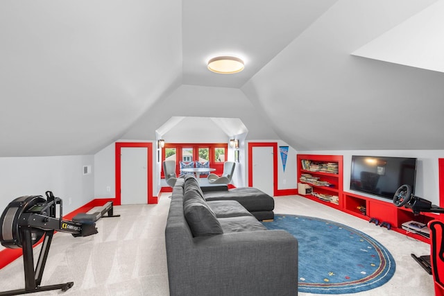 1400 Linden Ave, Nashville, TN 37212 - living room with carpet floors, lofted ceiling, built in features, and baseboards