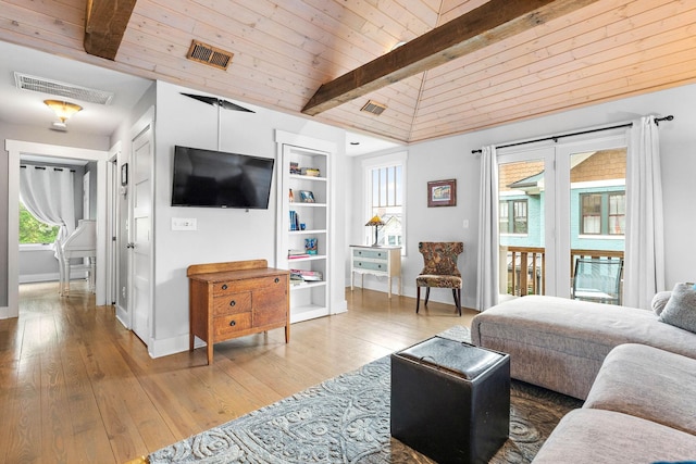 1400 Linden Ave, Nashville, TN 37212 - living area featuring baseboards, hardwood / wood-style flooring, wooden ceiling, and built in shelves