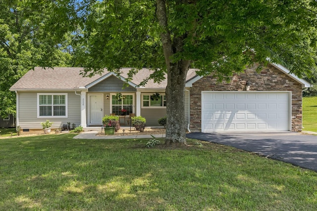 2408 Cantor Way, Spring Hill, TN 37174 - ranch-style house with driveway, a garage, a front lawn, roof with shingles, and stone siding