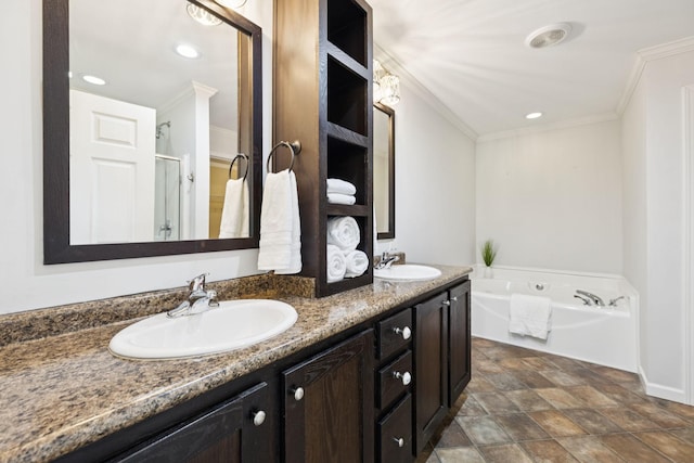 2408 Cantor Way, Spring Hill, TN 37174 - bathroom featuring double vanity, a bath, crown molding, stone finish flooring, and recessed lighting