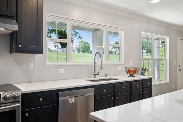 2408 Cantor Way, Spring Hill, TN 37174 - kitchen featuring appliances with stainless steel finishes, a sink, crown molding, healthy amount of natural light, and light stone countertops