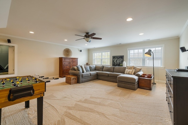 3448 Colebrook Dr, Thompsons Station, TN 37179 - rec room with light carpet, crown molding, ceiling fan, recessed lighting, and baseboards