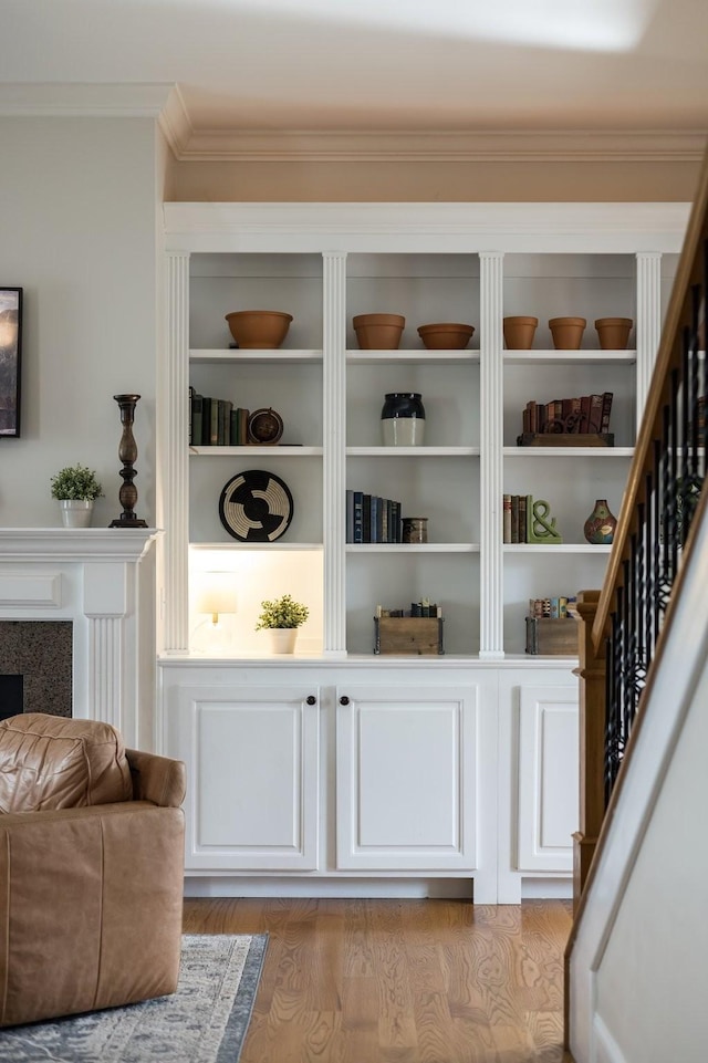 3448 Colebrook Dr, Thompsons Station, TN 37179 - detailed view of crown molding, wood finished floors, a fireplace, and built in features