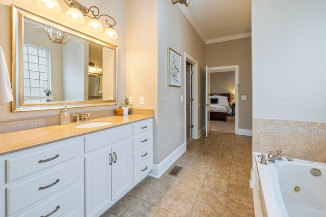 3448 Colebrook Dr, Thompsons Station, TN 37179 - ensuite bathroom with vanity, a tub with jets, ornamental molding, tile patterned flooring, and a chandelier