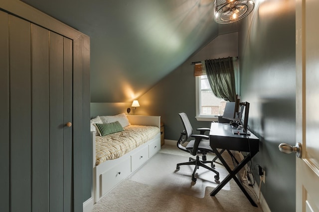 3448 Colebrook Dr, Thompsons Station, TN 37179 - bedroom featuring lofted ceiling, light colored carpet, a desk, and baseboards
