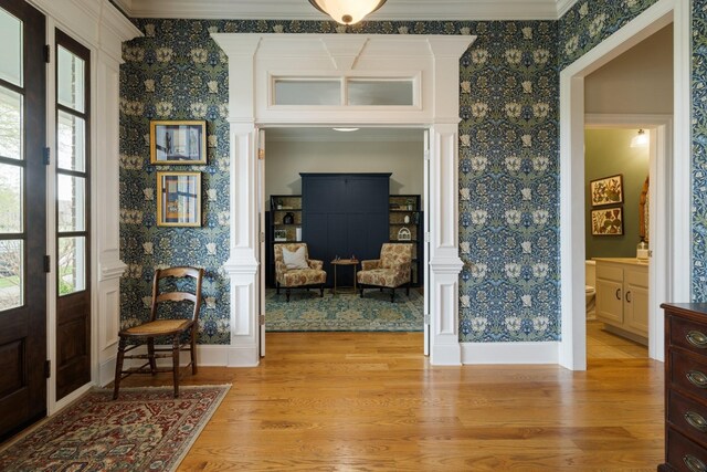 3448 Colebrook Dr, Thompsons Station, TN 37179 - entrance foyer featuring wallpapered walls, light wood-style floors, baseboards, and ornamental molding