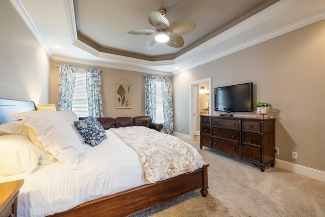 3448 Colebrook Dr, Thompsons Station, TN 37179 - bedroom featuring crown molding, light colored carpet, a raised ceiling, connected bathroom, and baseboards