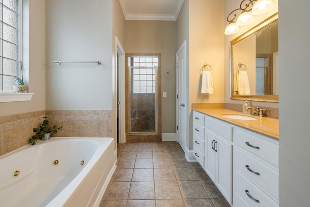 3448 Colebrook Dr, Thompsons Station, TN 37179 - bathroom with ornamental molding, vanity, a tub with jets, a stall shower, and tile patterned flooring