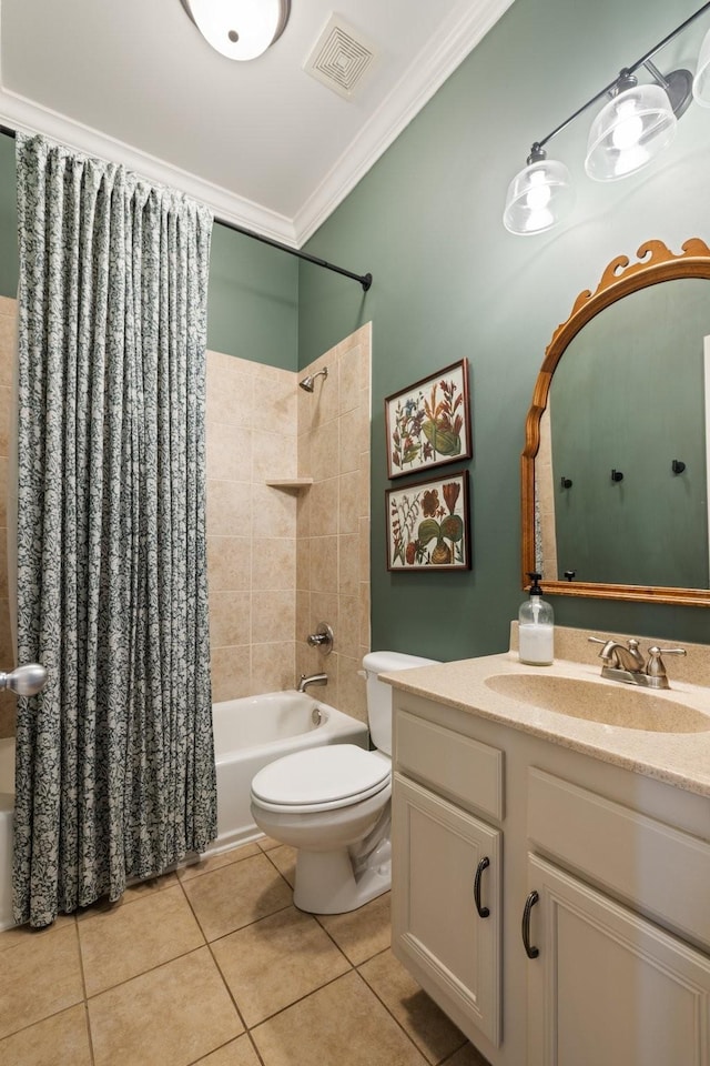 3448 Colebrook Dr, Thompsons Station, TN 37179 - bathroom with shower / tub combo with curtain, vanity, tile patterned flooring, ornamental molding, and toilet