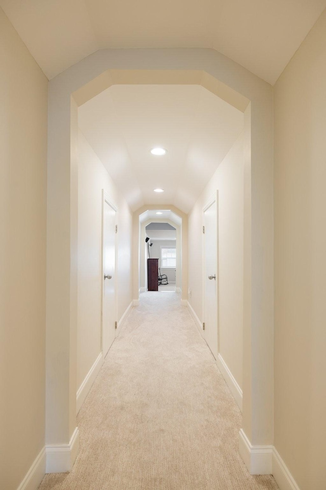 3448 Colebrook Dr, Thompsons Station, TN 37179 - hall with lofted ceiling, carpet flooring, baseboards, and recessed lighting