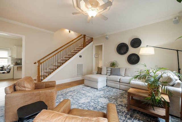 3448 Colebrook Dr, Thompsons Station, TN 37179 - living room featuring stairway, wood finished floors, crown molding, ceiling fan, and baseboards
