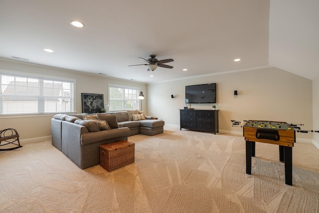 3448 Colebrook Dr, Thompsons Station, TN 37179 - living room featuring light colored carpet, ceiling fan, baseboards, recessed lighting, and ornamental molding