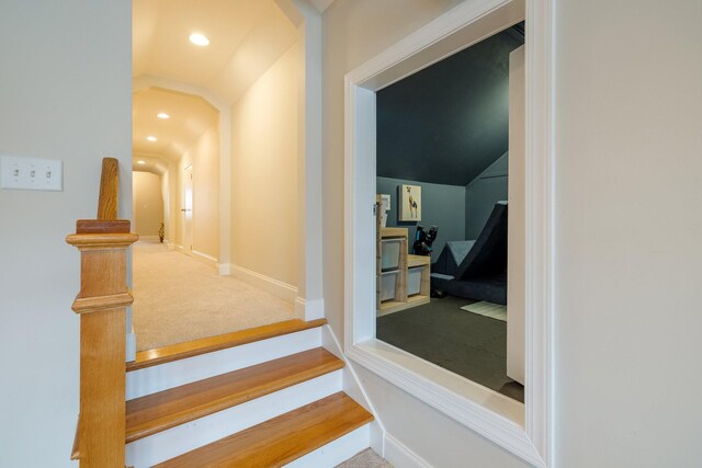 3448 Colebrook Dr, Thompsons Station, TN 37179 - stairs with recessed lighting, lofted ceiling, carpet flooring, and baseboards