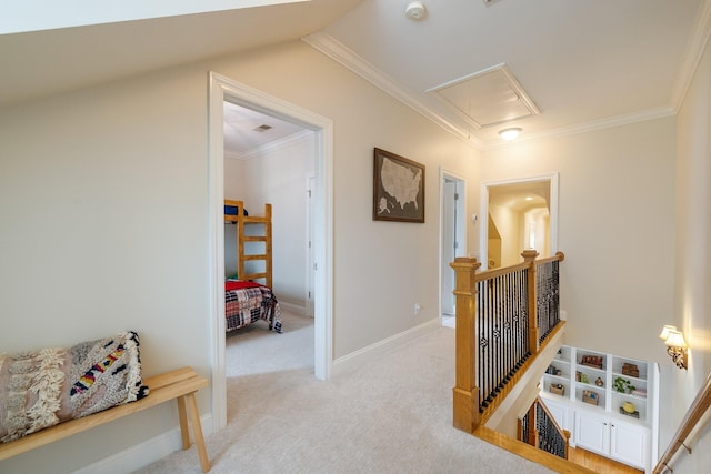 3448 Colebrook Dr, Thompsons Station, TN 37179 - corridor featuring attic access, an upstairs landing, light colored carpet, and ornamental molding