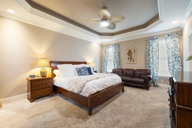3448 Colebrook Dr, Thompsons Station, TN 37179 - bedroom featuring light colored carpet, ornamental molding, a raised ceiling, baseboards, and ceiling fan