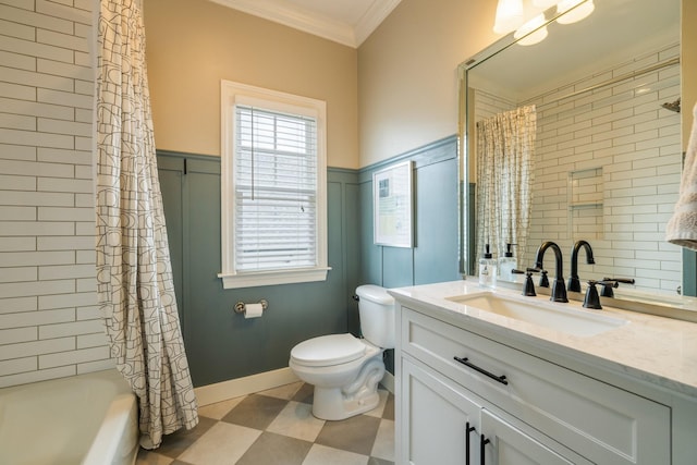 3448 Colebrook Dr, Thompsons Station, TN 37179 - full bathroom with ornamental molding, toilet, vanity, wainscoting, and shower / bath combo with shower curtain