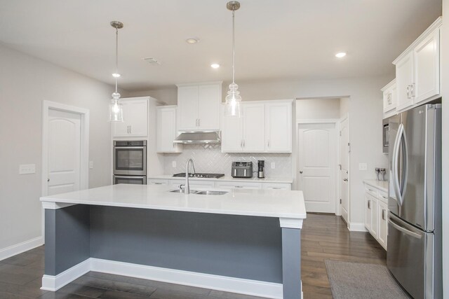 1016 Fenner Ln, Gallatin, TN 37066 - kitchen featuring appliances with stainless steel finishes, under cabinet range hood, decorative backsplash, light countertops, and white cabinetry