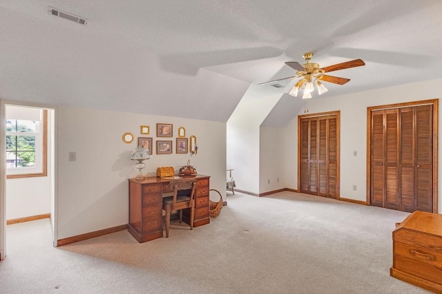 220 Winton Way Rd, Manchester, TN 37355 - office area featuring a ceiling fan, carpet flooring, baseboards, vaulted ceiling, and a textured ceiling