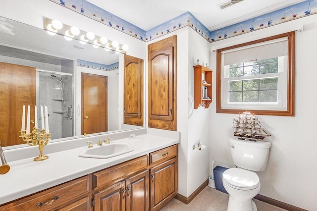 220 Winton Way Rd, Manchester, TN 37355 - bathroom with vanity, a stall shower, toilet, and baseboards