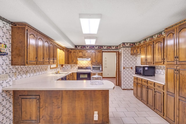 220 Winton Way Rd, Manchester, TN 37355 - kitchen with electric range oven, wallpapered walls, black microwave, a sink, and under cabinet range hood