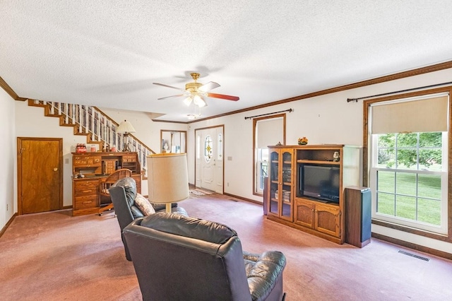 220 Winton Way Rd, Manchester, TN 37355 - living area with stairway, carpet floors, ornamental molding, ceiling fan, and a textured ceiling