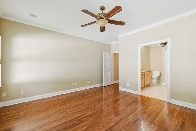 204 Magnolia Glen Ct, Manchester, TN 37355 - unfurnished bedroom featuring ornamental molding, light wood-style floors, baseboards, ensuite bath, and a ceiling fan