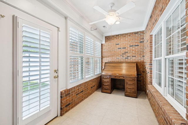 204 Magnolia Glen Ct, Manchester, TN 37355 - unfurnished office with brick wall, crown molding, a ceiling fan, and light tile patterned floors